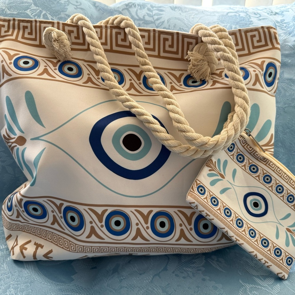 Blue and Tan Patterned Tote Bag